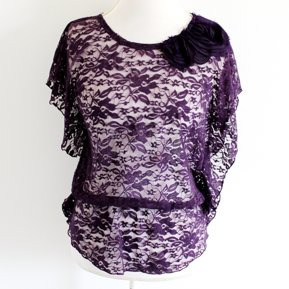 IZ BYER Radiance Sheer Floral Top / Blouse PLUM -L